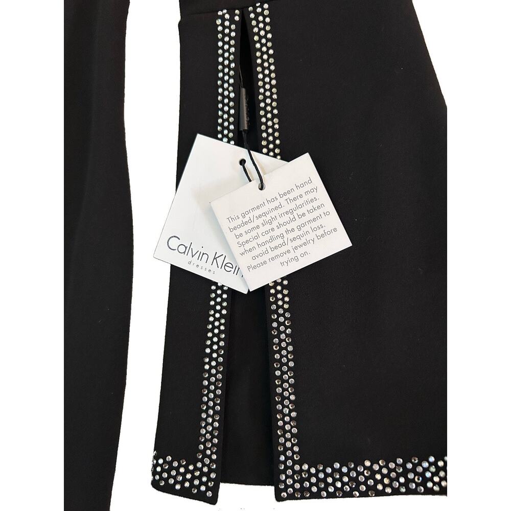 NWT Calvin Klein Black Dress Knee Length Size 4 Slit Sleeves Rhinestones Classy - Picture 4 of 7